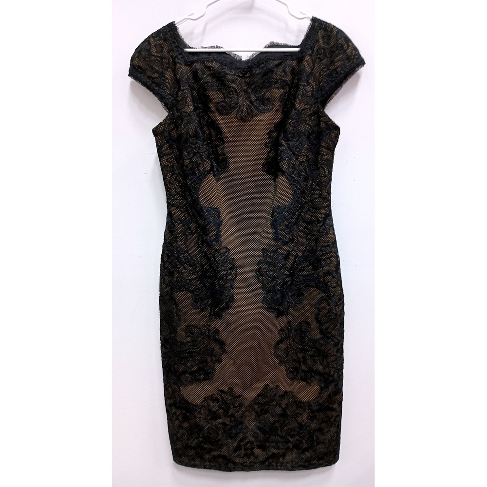 Tadashi Shoji Lace Sheath Dress Womens L Black Nude Formal Cocktail